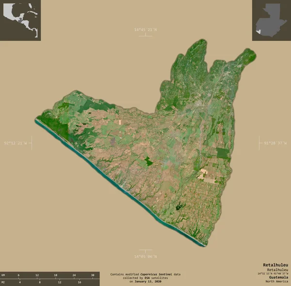 Retalhuleu Departamento Guatemala Imágenes Satelitales Sentinel Forma Aislada Sobre Fondo — Foto de Stock