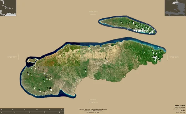 海地西北部省Nord Ouest Department Haiti 2号卫星图像 在坚实的背景上与信息覆盖隔离的形状 包含修改后的哥白尼哨兵数据 — 图库照片