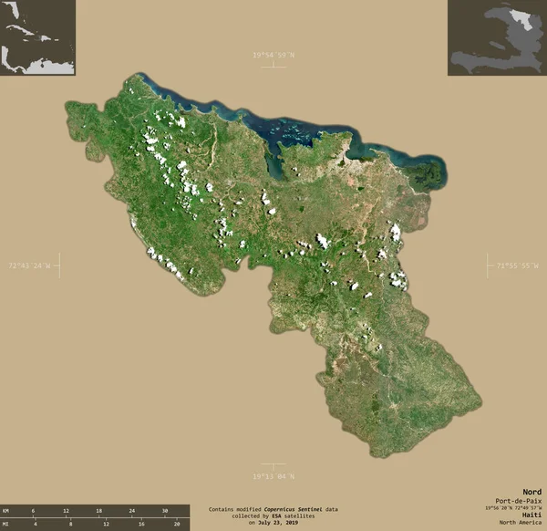 北海地省Nord Department Haiti 2号卫星图像 在坚实的背景上与信息覆盖隔离的形状 包含修改后的哥白尼哨兵数据 — 图库照片