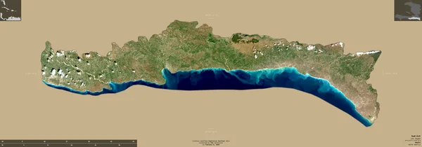 Sud-Est, department of Haiti. Sentinel-2 satellite imagery. Shape isolated on solid background with informative overlays. Contains modified Copernicus Sentinel data
