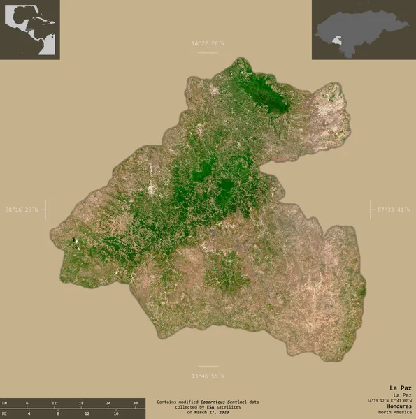 拉巴斯 洪都拉斯省 2号卫星图像 在坚实的背景上与信息覆盖隔离的形状 包含修改后的哥白尼哨兵数据 — 图库照片