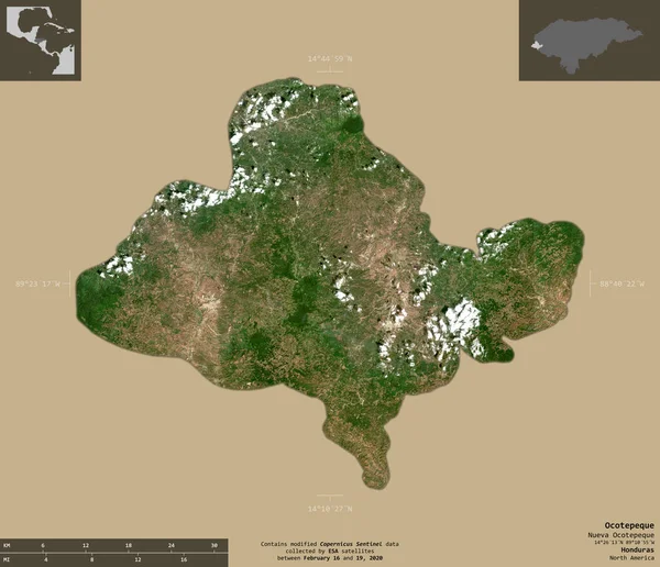 Ocotepeque 洪都拉斯省 2号卫星图像 在坚实的背景上与信息覆盖隔离的形状 包含修改后的哥白尼哨兵数据 — 图库照片