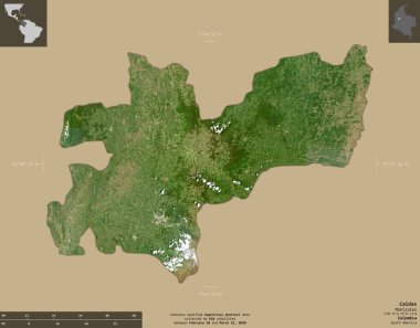Caldas, Kolombiya Departmanı. Sentinel-2 uydu görüntüleri. Bilgilendirici örtülerle sağlam arkaplanda izole edilmiş şekil. Değiştirilmiş Kopernik Sentinel verileri içerir