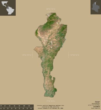 Cesar, Kolombiya Departmanı. Sentinel-2 uydu görüntüleri. Bilgilendirici örtülerle sağlam arkaplanda izole edilmiş şekil. Değiştirilmiş Kopernik Sentinel verileri içerir