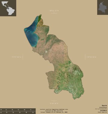 Sucre, Kolombiya Departmanı. Sentinel-2 uydu görüntüleri. Bilgilendirici örtülerle sağlam arkaplanda izole edilmiş şekil. Değiştirilmiş Kopernik Sentinel verileri içerir