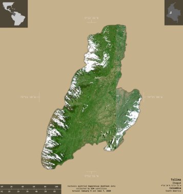 Tolima, Kolombiya Bölümü. Sentinel-2 uydu görüntüleri. Bilgilendirici örtülerle sağlam arkaplanda izole edilmiş şekil. Değiştirilmiş Kopernik Sentinel verileri içerir