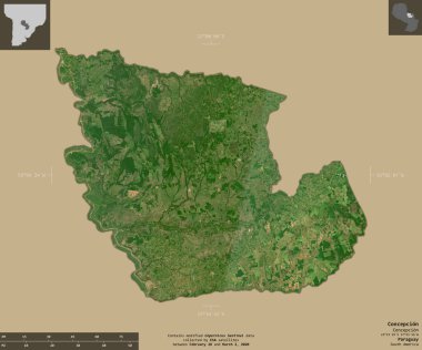 Concepcion, Paraguay Departmanı. Sentinel-2 uydu görüntüleri. Bilgilendirici örtülerle sağlam arkaplanda izole edilmiş şekil. Değiştirilmiş Kopernik Sentinel verileri içerir
