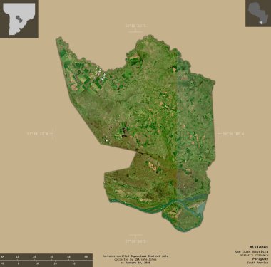 Misiones, Paraguay Departmanı. Sentinel-2 uydu görüntüleri. Bilgilendirici örtülerle sağlam arkaplanda izole edilmiş şekil. Değiştirilmiş Kopernik Sentinel verileri içerir