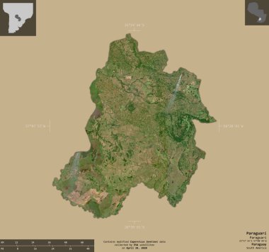 Paraguari, Paraguay Departmanı. Sentinel-2 uydu görüntüleri. Bilgilendirici örtülerle sağlam arkaplanda izole edilmiş şekil. Değiştirilmiş Kopernik Sentinel verileri içerir