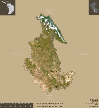 Ayacucho, Peru bölgesi. Sentinel-2 uydu görüntüleri. Bilgilendirici örtülerle sağlam arkaplanda izole edilmiş şekil. Değiştirilmiş Kopernik Sentinel verileri içerir