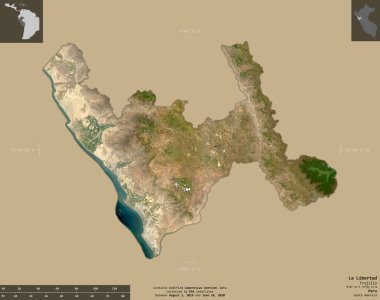 La Libertad, Peru bölgesi. Sentinel-2 uydu görüntüleri. Bilgilendirici örtülerle sağlam arkaplanda izole edilmiş şekil. Değiştirilmiş Kopernik Sentinel verileri içerir