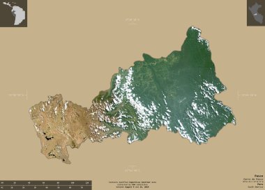 Pasco, Peru bölgesi. Sentinel-2 uydu görüntüleri. Bilgilendirici örtülerle sağlam arkaplanda izole edilmiş şekil. Değiştirilmiş Kopernik Sentinel verileri içerir