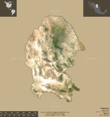 Coahuila, Meksika eyaleti. Sentinel-2 uydu görüntüleri. Bilgilendirici örtülerle sağlam arkaplanda izole edilmiş şekil. Değiştirilmiş Kopernik Sentinel verileri içerir