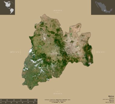 Meksika, Meksika eyaleti. Sentinel-2 uydu görüntüleri. Bilgilendirici örtülerle sağlam arkaplanda izole edilmiş şekil. Değiştirilmiş Kopernik Sentinel verileri içerir
