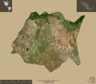 Morelos, Meksika Eyaleti. Sentinel-2 uydu görüntüleri. Bilgilendirici örtülerle sağlam arkaplanda izole edilmiş şekil. Değiştirilmiş Kopernik Sentinel verileri içerir