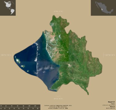 Nayarit, Meksika Eyaleti. Sentinel-2 uydu görüntüleri. Bilgilendirici örtülerle sağlam arkaplanda izole edilmiş şekil. Değiştirilmiş Kopernik Sentinel verileri içerir