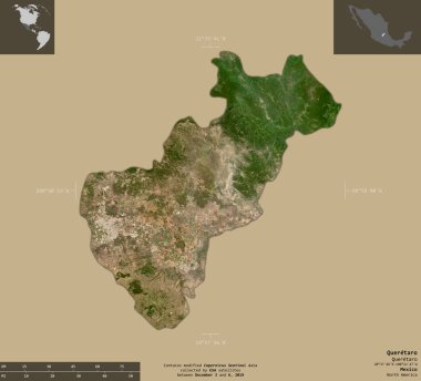 Queretaro, Meksika eyaleti. Sentinel-2 uydu görüntüleri. Bilgilendirici örtülerle sağlam arkaplanda izole edilmiş şekil. Değiştirilmiş Kopernik Sentinel verileri içerir