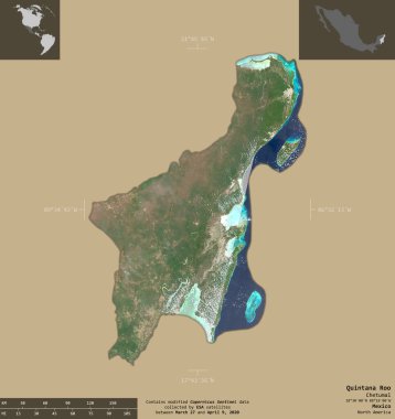 Quintana Roo, Meksika Eyaleti. Sentinel-2 uydu görüntüleri. Bilgilendirici örtülerle sağlam arkaplanda izole edilmiş şekil. Değiştirilmiş Kopernik Sentinel verileri içerir