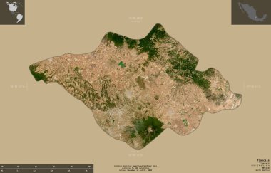 Tlaxcala, Meksika eyaleti. Sentinel-2 uydu görüntüleri. Bilgilendirici örtülerle sağlam arkaplanda izole edilmiş şekil. Değiştirilmiş Kopernik Sentinel verileri içerir