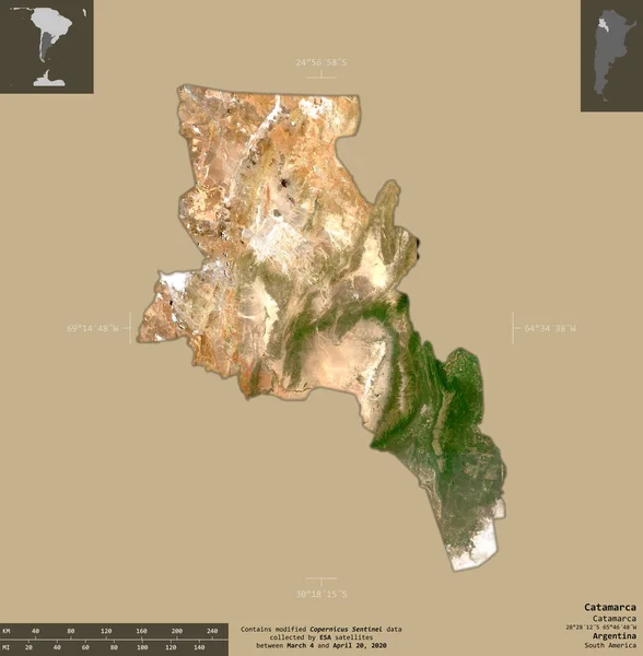 卡塔马卡 阿根廷省 2号卫星图像 在坚实的背景上与信息覆盖隔离的形状 包含修改后的哥白尼哨兵数据 — 图库照片
