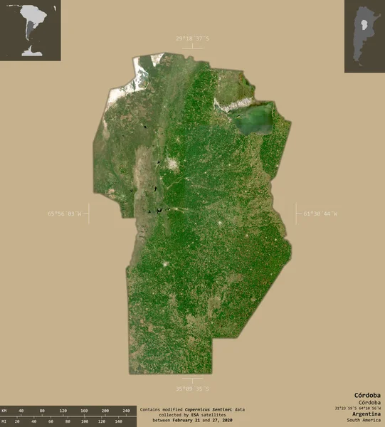 Cordoba Arjantin Ili Sentinel Uydu Görüntüleri Bilgilendirici Örtülerle Sağlam Arkaplanda — Stok fotoğraf