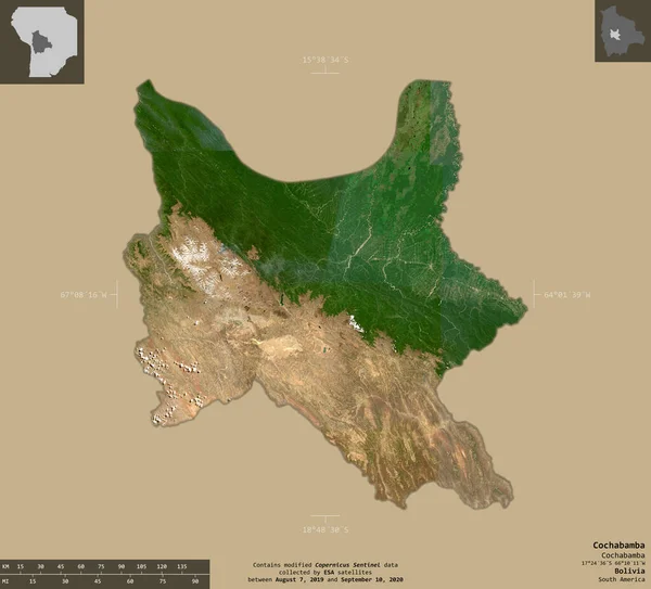 Cochabamba Departement Von Bolivien Satellitenbilder Von Sentinel Form Isoliert Auf — Stockfoto