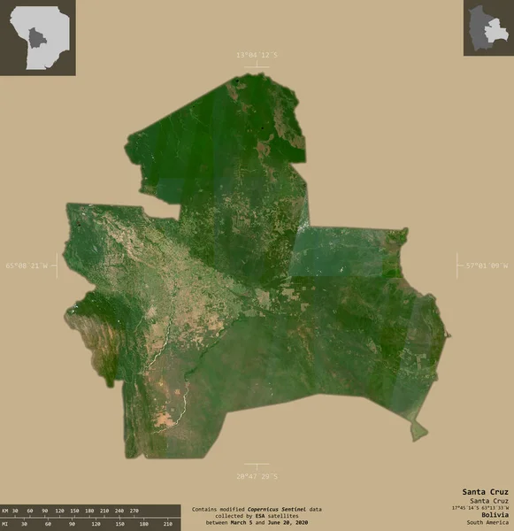 圣克鲁斯 玻利维亚省 2号卫星图像 在坚实的背景上与信息覆盖隔离的形状 包含修改后的哥白尼哨兵数据 — 图库照片