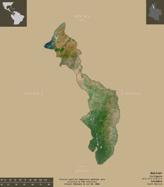 Bolívar Departamento Colombia Imágenes Satelitales Sentinel Forma Aislada Sobre Fondo —  Fotos de Stock