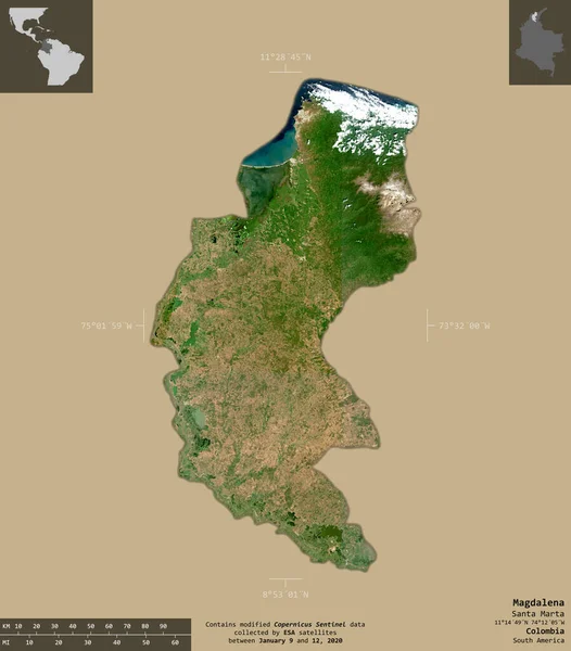 Magdalena Département Colombie Imagerie Satellite Sentinel Forme Isolée Sur Fond — Photo