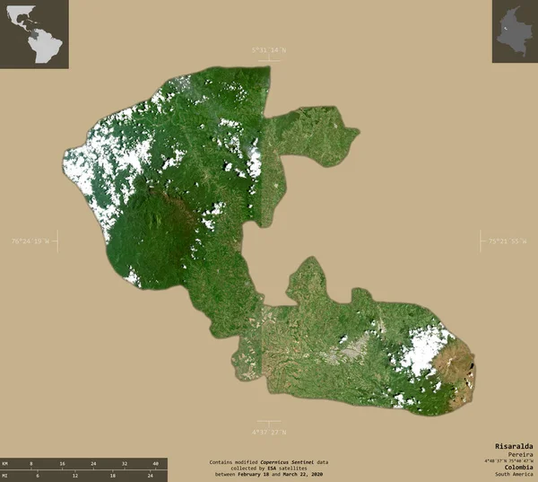 Risaralda 哥伦比亚省 2号卫星图像 在坚实的背景上与信息覆盖隔离的形状 包含修改后的哥白尼哨兵数据 — 图库照片