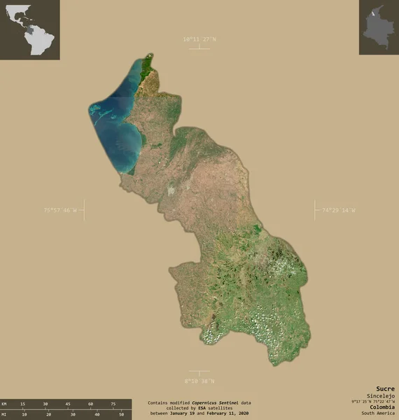Sucre Kolombiya Departmanı Sentinel Uydu Görüntüleri Bilgilendirici Örtülerle Sağlam Arkaplanda — Stok fotoğraf
