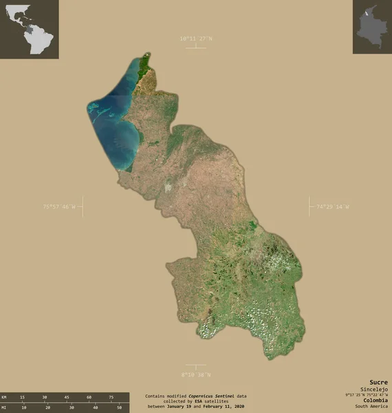 Sucre Departement Colombia Sentinel Satellietbeelden Vorm Geïsoleerd Solide Achtergrond Met — Stockfoto