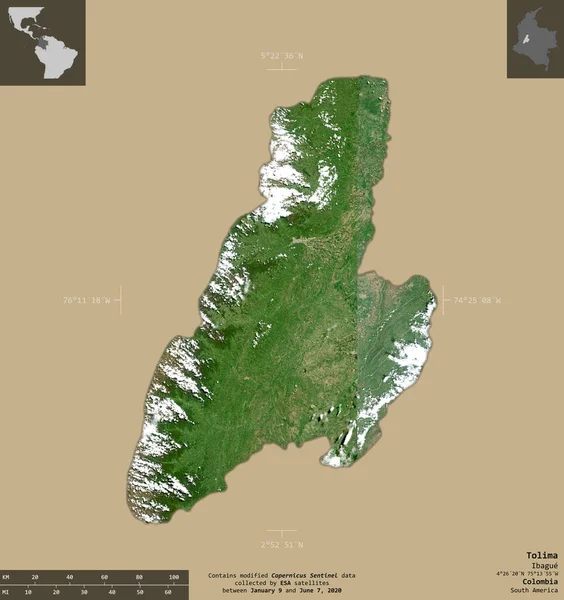 Tolima Departamento Colômbia Imagens Satélite Sentinela Forma Isolada Fundo Sólido — Fotografia de Stock