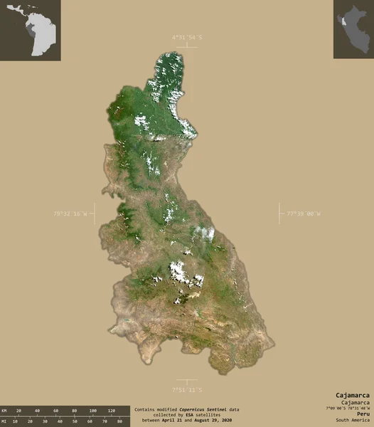 Cajamarca Región Del Perú Imágenes Satelitales Sentinel Forma Aislada Sobre — Foto de Stock