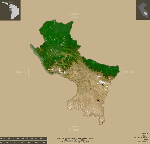 Cusco Peru Bölgesi Sentinel Uydu Görüntüleri Bilgilendirici Örtülerle Sağlam Arkaplanda — Stok fotoğraf