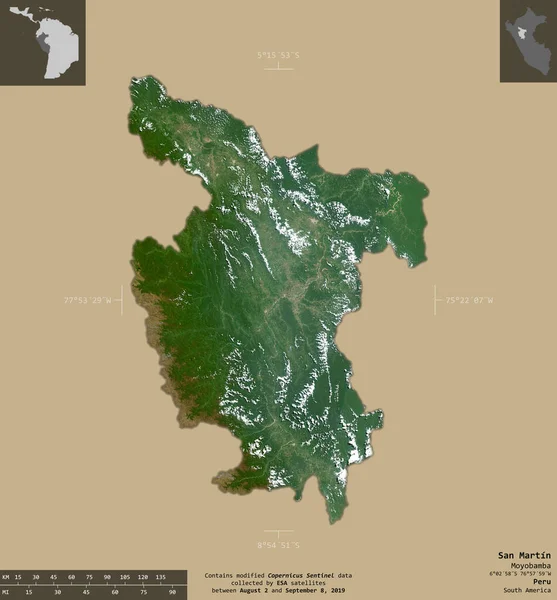 圣马丁 秘鲁地区 2号卫星图像 在坚实的背景上与信息覆盖隔离的形状 包含修改后的哥白尼哨兵数据 — 图库照片