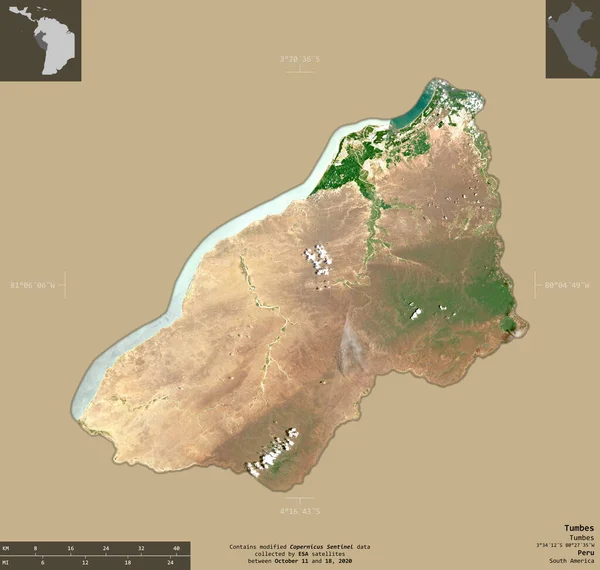 Tumbes Région Pérou Imagerie Satellite Sentinel Forme Isolée Sur Fond — Photo