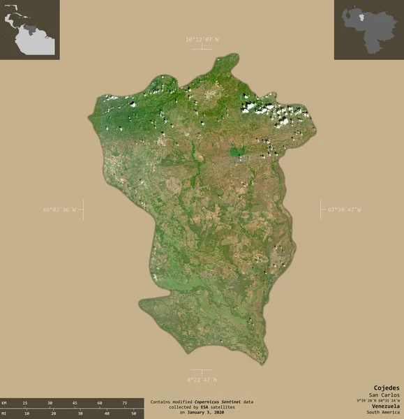 Cojedes State Venezuela Sentinel Satellite Imagery Shape Isolated Solid Background — ストック写真