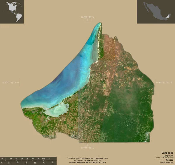 Campeche Mexikó Állam Sentinel Műholdképek Alakzat Elszigetelt Szilárd Háttér Informatív — Stock Fotó