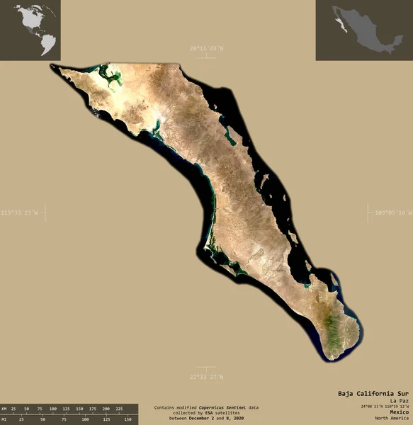 Baja California Sur Delstaten Mexiko Satellitbilder Från Sentinel Form Isolerad — Stockfoto