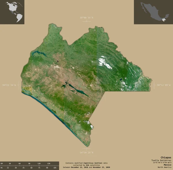 Chiapas State Mexico Sentinel Satellite Imagery Shape Isolated Solid Background — Stock Photo, Image