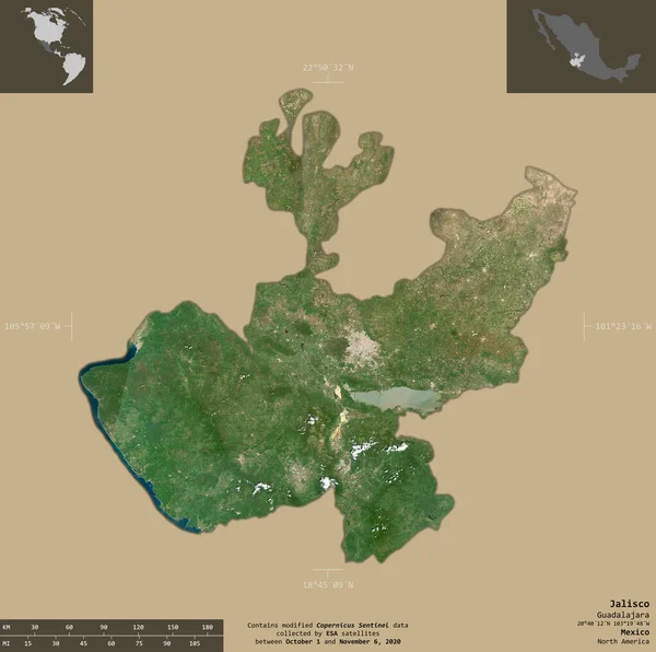 Jalisco Bundesstaat Mexiko Satellitenbilder Von Sentinel Form Isoliert Auf Festem — Stockfoto