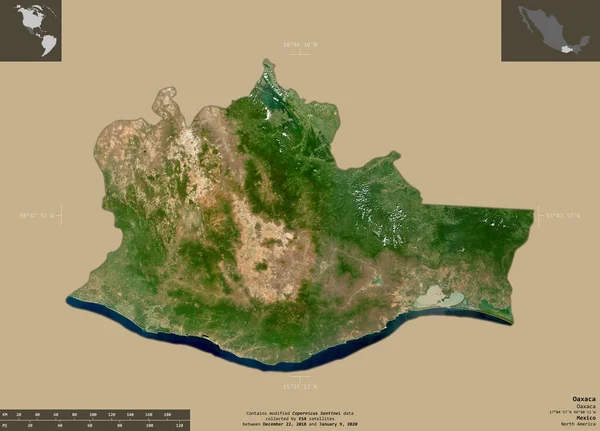 瓦哈卡 墨西哥州 2号卫星图像 在坚实的背景上与信息覆盖隔离的形状 包含修改后的哥白尼哨兵数据 — 图库照片