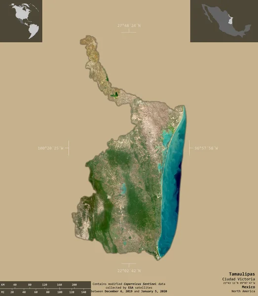 Tamaulipas 墨西哥州哨兵 2号卫星图像 在坚实的背景上与信息覆盖隔离的形状 包含修改后的哥白尼哨兵数据 — 图库照片