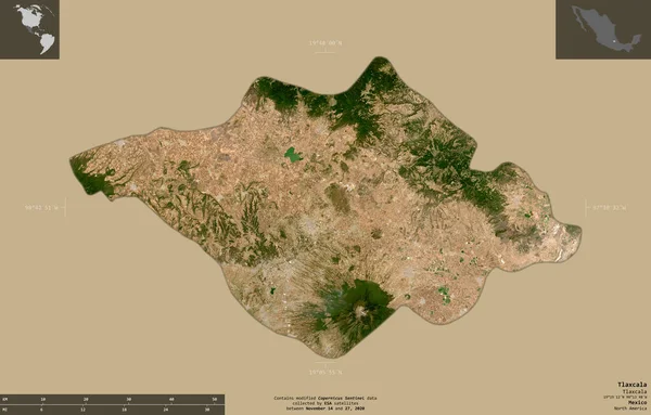 墨西哥的特拉斯卡拉 2号卫星图像 在坚实的背景上与信息覆盖隔离的形状 包含修改后的哥白尼哨兵数据 — 图库照片