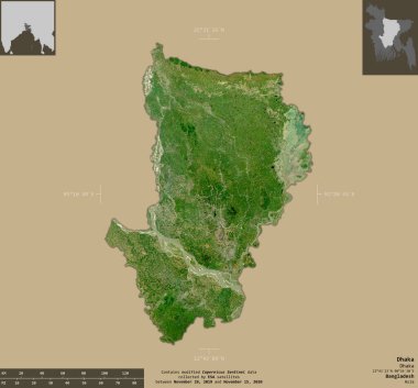 Dhaka, Bangladeş Bölümü. Sentinel-2 uydu görüntüleri. Bilgilendirici örtülerle sağlam arkaplanda izole edilmiş şekil. Değiştirilmiş Kopernik Sentinel verileri içerir