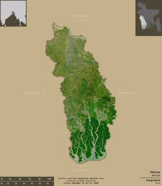 Khulna, Bangladeş bölüğü. Sentinel-2 uydu görüntüleri. Bilgilendirici örtülerle sağlam arkaplanda izole edilmiş şekil. Değiştirilmiş Kopernik Sentinel verileri içerir