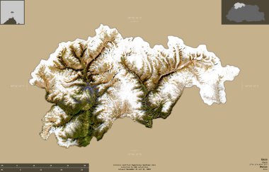 Gasa, Butan bölgesi. Sentinel-2 uydu görüntüleri. Bilgilendirici örtülerle sağlam arkaplanda izole edilmiş şekil. Değiştirilmiş Kopernik Sentinel verileri içerir