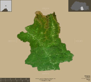 Zhemgang, Butan bölgesi. Sentinel-2 uydu görüntüleri. Bilgilendirici örtülerle sağlam arkaplanda izole edilmiş şekil. Değiştirilmiş Kopernik Sentinel verileri içerir