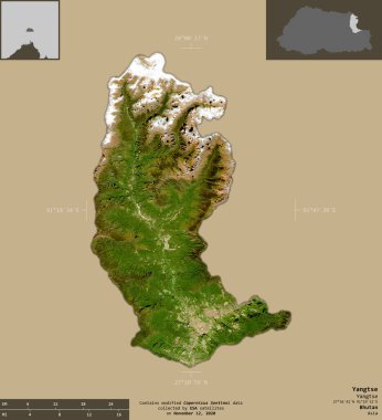 Yangtse, Butan bölgesi. Sentinel-2 uydu görüntüleri. Bilgilendirici örtülerle sağlam arkaplanda izole edilmiş şekil. Değiştirilmiş Kopernik Sentinel verileri içerir